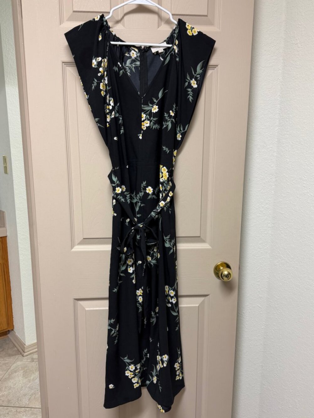 LOFT Black and Yellow Floral Flutter-Sleeve Dress